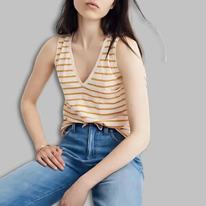 Madewell V-Neck Tank Top in Baker Stripes Whisper Cotton Tungsten Yellow W US XL